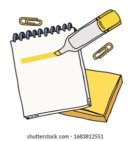 Vector illustration of doodle textbook with yellow marker, stickers and paperclips. Banner or hand drawn mokup for design of banner or poster. 