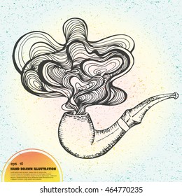 Vector illustration of doodle tobacco smoking pipe with colored abstract smoke. Isolated hand drawn ink sketch in line art graphic style. Engraved on vintage background. Design for advertisement, web