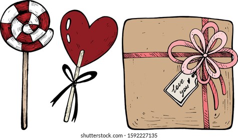Vector illustration / Doodle Valentine day / Set of gifts / Caramel and present