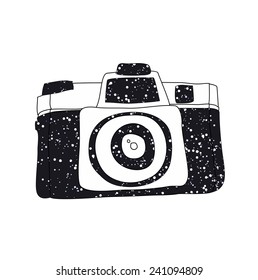 Vector illustration with doodle white and blue photo camera and stars. Space theme.