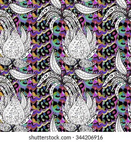 Vector illustration with doodle white flower. Hand drawn colorful design element. Floral doodle seamless pattern