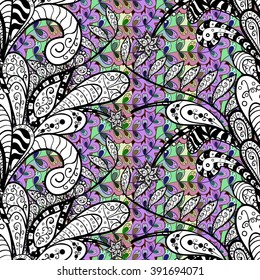 Vector illustration with doodle white flower on leaves background. Hand drawn colorful design element. Floral doodle seamless pattern