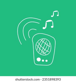 vector illustration doodle white outline music speaker on green background. Audio system for holidays birthday, wedding, parties. Design for packaging, web design, postcards, flyers