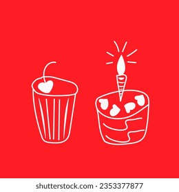 vector illustration doodle white outline muffin and cupcake with candle for birthday party on red background. Design for web design, packaging, postcards, flyers, labels