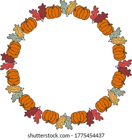 Vector illustration doodle wreath Halloween holiday magic traditional colorful elements on white background - pumpkin, leaves.