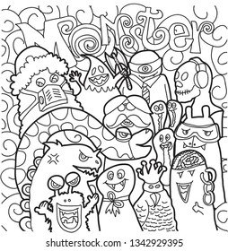 Vector illustration of Doodle,Cute and fun Variety of colors monster, cute Monster background