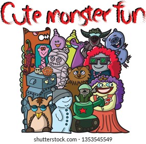 Vector illustration of Doodle,Cute and fun Variety of colors monsters 