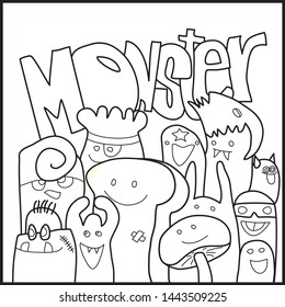 Vector illustration of Doodle,Cute and fun Variety of White-black monster, cute Monster background