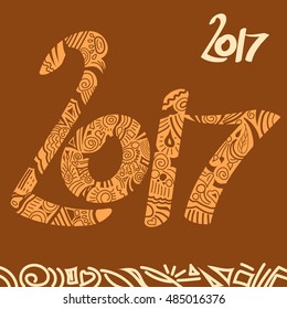 Vector illustration. Doodled 2017 year text in beige colors on a brown background.