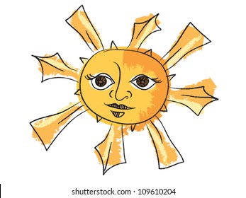 Vector Illustration of a Doodled Yellow Sun with a Face
