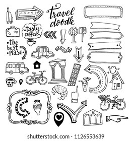 Vector illustration. Doodles about travel, set of different objects