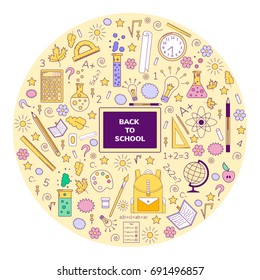 vector illustration, doodles, back to school, line art, blackboard, backpack, ruler, globe, pen, flasks, light, integral, numbers, chalk, leaves, clouds, flowers, notebook, star, spiral, circle