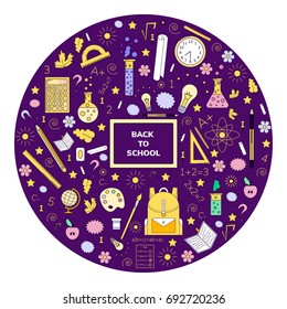 vector illustration, doodles, back to school, line art, purple background, blackboard, backpack, ruler, globe, pen, flasks, light, integral, numbers, chalk, flowers, notebook, star, spiral, circle