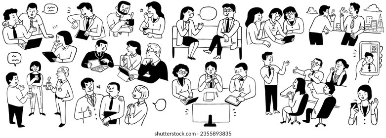 Vector illustration doodles of businesspeople, office workers, in communication concept. Outline, thin line art, hand drawn sketch design, simple style.  