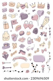 Vector illustration of doodles, hand-drawn on the theme of love for decoration on a white background. Various elements with color decor for postcards, posters, templates. Isolated vector elements.