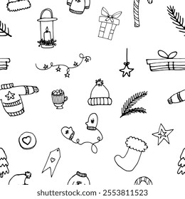Vector illustration doodles, line art sketch. Doodle merry Christmas happy new year seamless background pattern. 