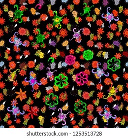 Vector illustration. Doodles on black, red and green colors. - stock. Seamless pattern background. Design wrapping and gift paper, greeting cards, banner and posters design. Watercolor, hand drawn.
