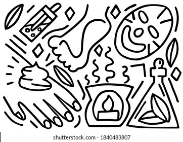 Vector illustration with doodles on theme of spas, beauty salons, facials, pedicures, manicures. Individual elements from this concept are shown. Can be used in web design, etc.
