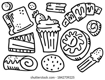 Vector illustration doodles on theme of confectionery and bakery. A cupcake, doughnut, roll, cookie, piece of bread, cake, croissant are depicted. It can be used for packaging design, web design, etc.