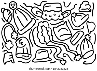 Vector illustration doodles on theme of winter, warm hats. Various hats with earflaps, hoods, caps, classic and casual are depicted. It can be used in web design, banners, etc.