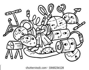 Vector illustration with doodles on theme of sports, gymnastic equipment. Shows  roller press, hemisphere balancing, disc, dumbbell, Mat, treadmill, bike, ball, rope, fins, roll, vaulting horse.