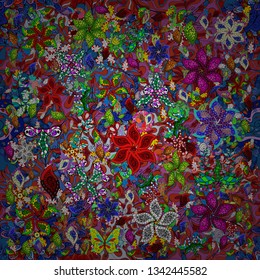 Vector illustration. Doodles pattern. Design wrapping and gift paper, greeting cards, banner and posters design. Seamless pattern Abstract cute background. Black, red and blue on colors.