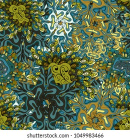 Vector illustration. Doodles pattern for wrapping paper. Blue, yellow and black on colors. Seamless pattern Abstract nice background.