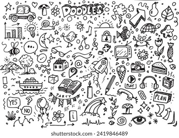 Vector illustration doodles set, hand drawn different sketch elements
