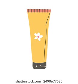 Vector illustration, doodle-style yellow tube with small chamomile design. Simple cute image for health, beauty, personal care concepts. Flat cartoon style, perfect for ads, promotional materials