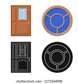 Vector illustration of door and front sign. Collection of door and wooden stock symbol for web.