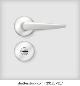 Vector illustration of door handle and lock. Gray circle shape door handle with round lock. Isolated vector illustration on gray background.