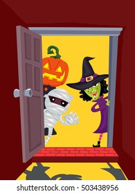 Vector Illustration Of Door Open With Halloween Characters