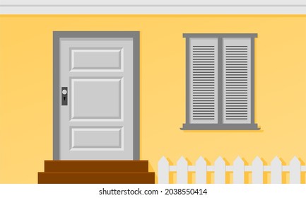 ilustración vectorial, puerta, ventana, valla y fondo de pared