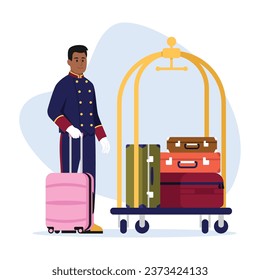 Ilustración vectorial del portero. Escena de dibujos animados con un sonriente hotel de piel oscura con uniforme y un carrito con maletas aisladas en un fondo blanco. Servicio de hotel.Bellboy.