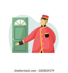Vector illustration of the doorman at the door. The hospitality business. Profession.