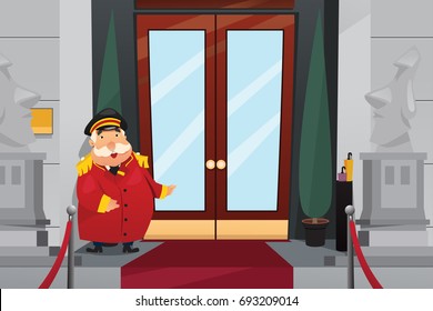 A vector illustration of Doorman Standing in Front of the Entrance Doors