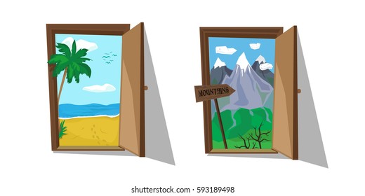 Vector illustration of doors with palm, sea and mountains inside. Motivating touristic poster. Weekend, rest and active life. Travel choice.