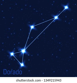 Vector illustration of Dorado constellation. Astronomical Swordfish. Cluster of realistic stars in the dark blue starry sky.