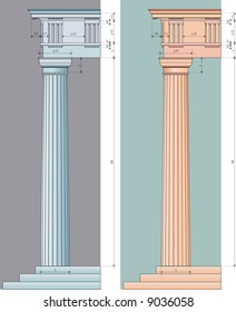 vector illustration of the doric column with numeric proportions in two colors variations