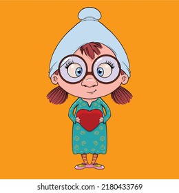 vector illustration of a dorky little girl holding a heart shapped pillow