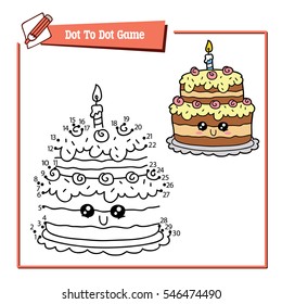 Vector illustration of dot to dot educational puzzle game with happy cartoon birthday cake for children