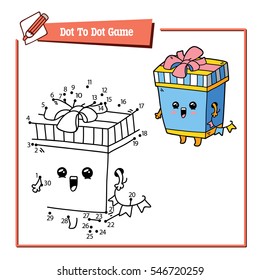 Vector illustration of dot to dot educational puzzle game with happy cartoon gift box for children