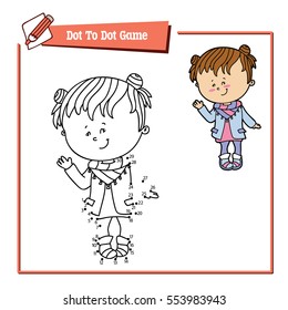 Vector illustration of dot to dot educational puzzle game with happy cartoon girl for children