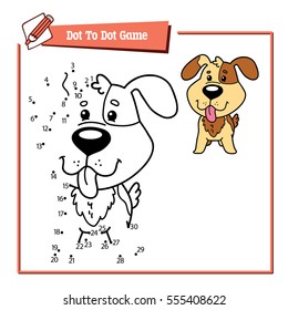Vector illustration of dot to dot educational puzzle game with happy cartoon dog for children