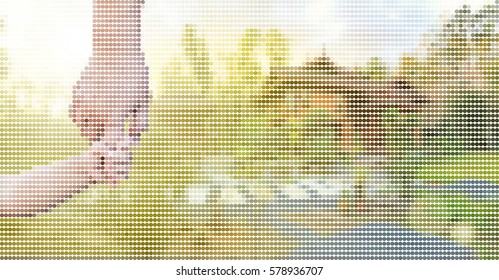 Vector illustration dot pixel children's hand and adult hand holding together over blur background of new wood house, dreaming about home, real estate and family concept