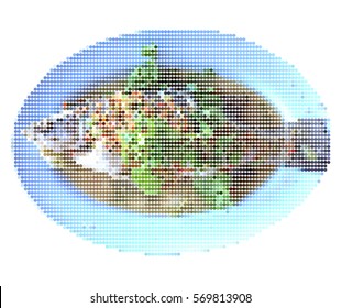 Vector illustration dot pixel of steamed fish in lemon sauce isolated on white background