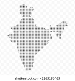 Ilustración vectorial del mapa distorsionado de India en negro sobre fondo transparente (PNG). Plantilla de mapa negro con puntos para el patrón de sitio web, informe anual, infografías.