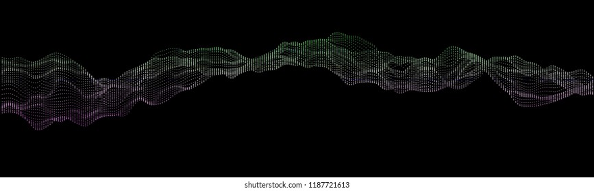 Vector illustration of a dotted pattern resembling sound waves against black background. Creative geometric backdrop. Modern concept. Abstract wavy pattern.