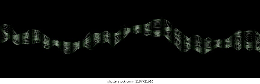 Vector illustration of a dotted pattern resembling sound waves against black background. Creative geometric backdrop. Modern concept. Abstract wavy pattern.