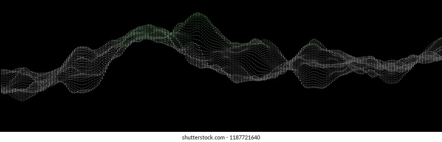 Vector illustration of a dotted pattern resembling sound waves against black background. Creative geometric backdrop. Modern concept. Abstract wavy pattern.